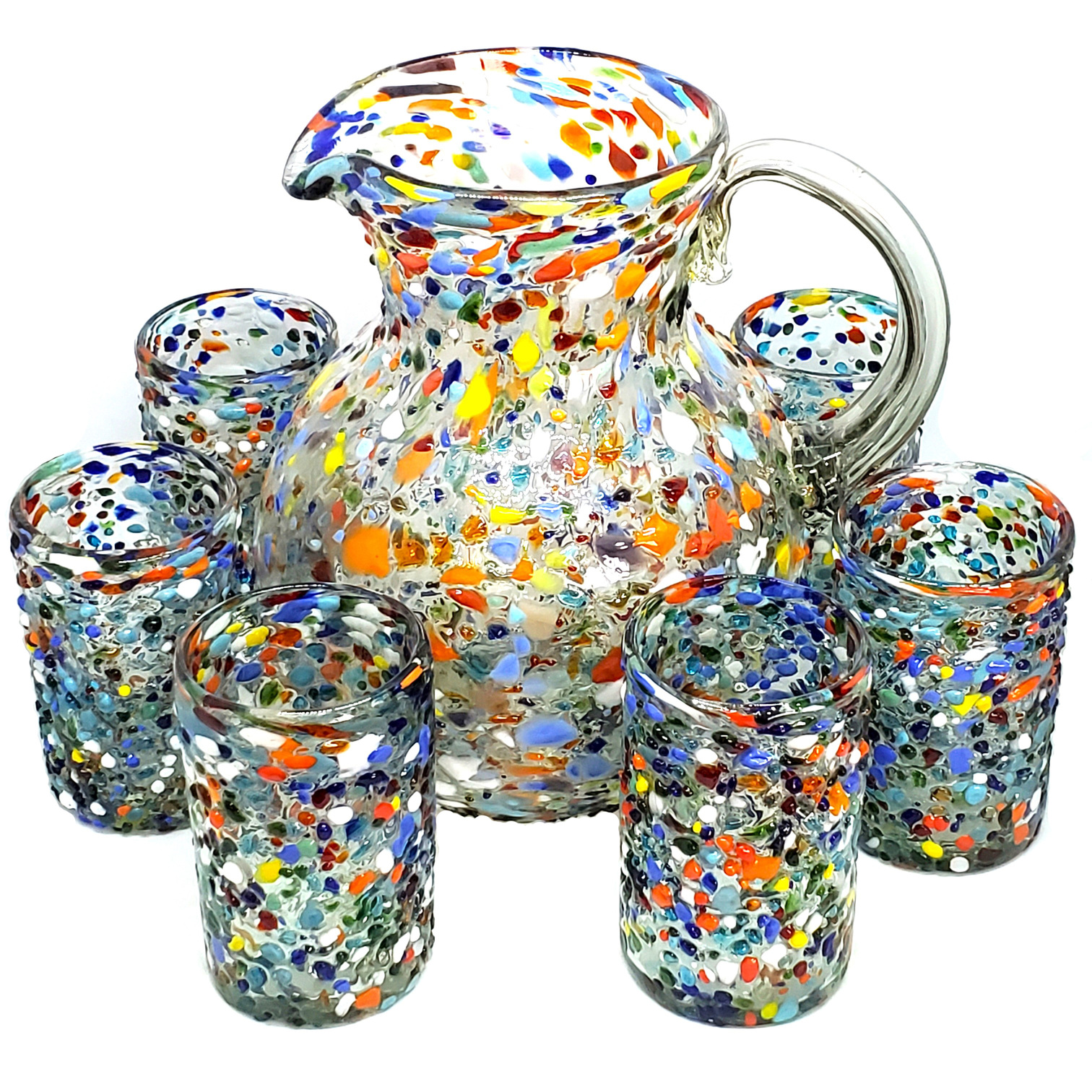 VIDRIO SOPLADO / Juego de jarra y 6 vasos grandes 'Confeti granizado', 120 oz, Vidrio Reciclado, Libre de Plomo y Toxinas